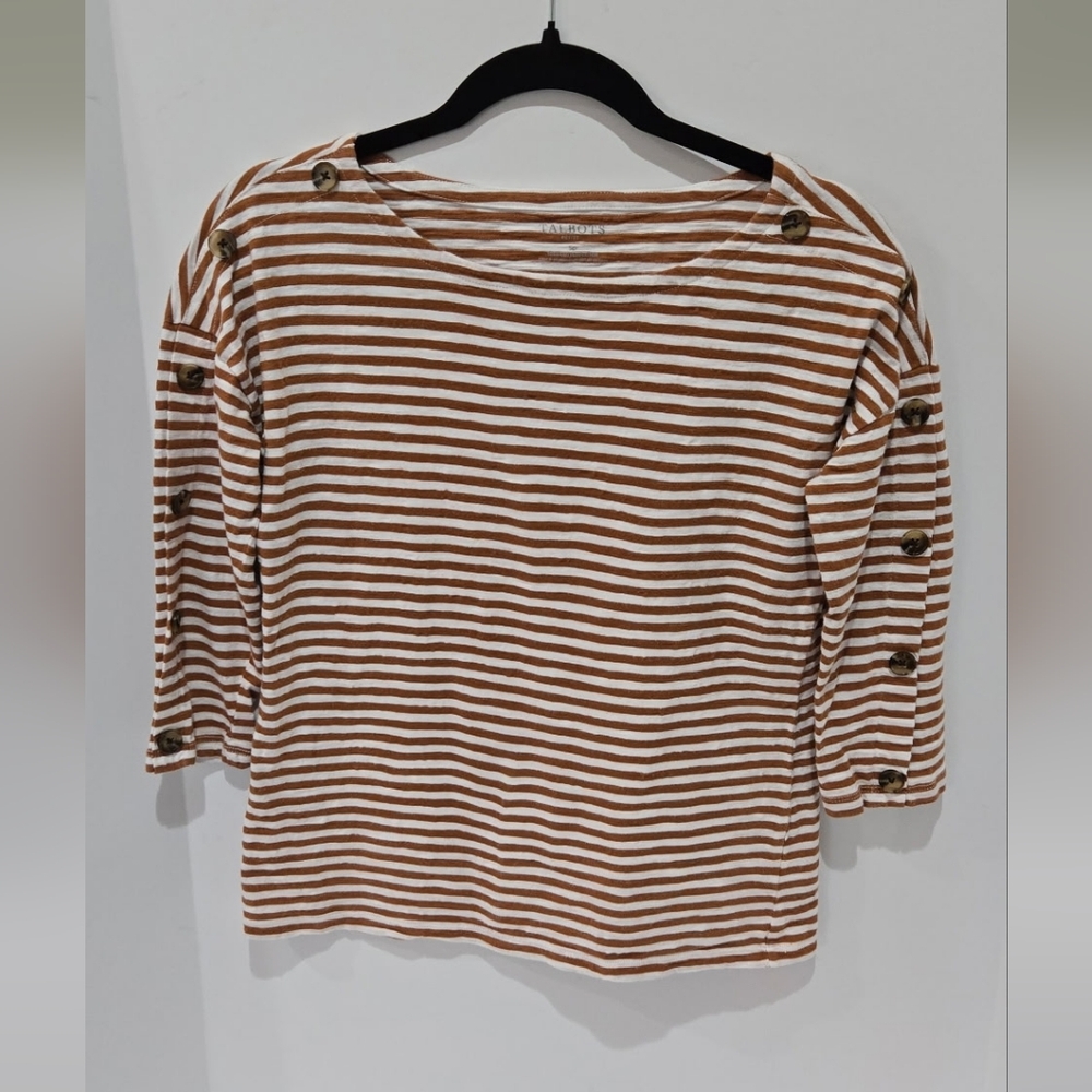 Talbots Striped Boat Neck Shirt Button Sleeve Nautical Coastal Size SP